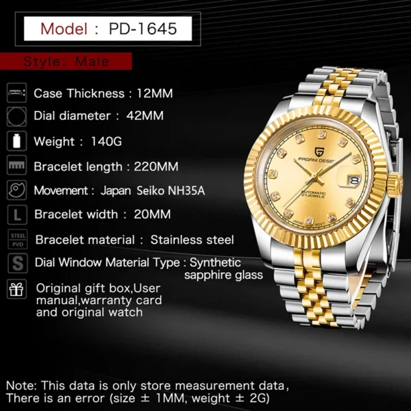 Hafta Bazar by Pagani-PD-1645 Date Just Elegant Auto Series wristwatch with a classic date display, refined dial design, and a polished stainless steel bracelet.