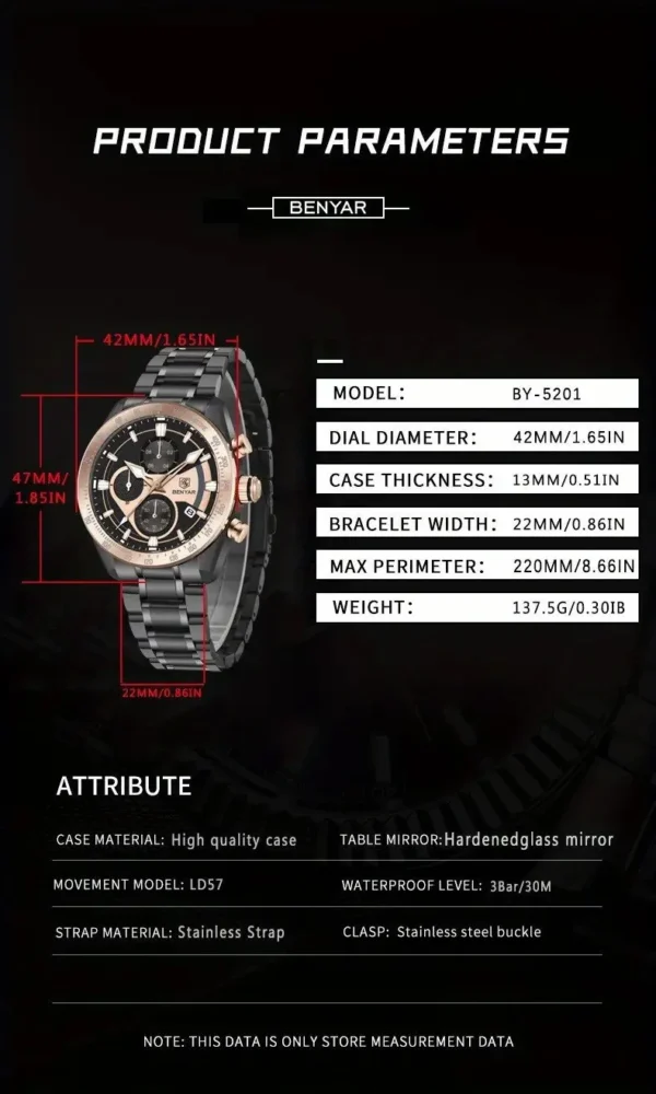 Hafta Bazar by Benyar-5201 Classic Chronograph Elite Series wristwatch with a sleek black dial and stainless steel strap, featuring chronograph subdials and a modern, elegant design.