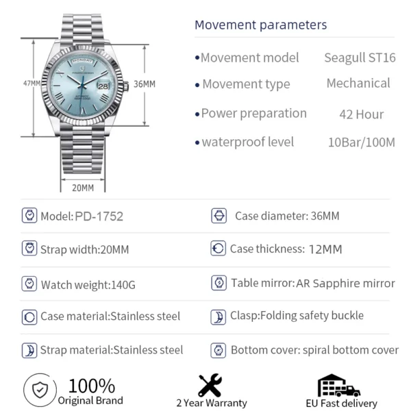 Hafta Bazar by Pagani-PD-1645 Date Just Elegant Auto Series wristwatch with a classic date display, refined dial design, and a polished stainless steel bracelet.