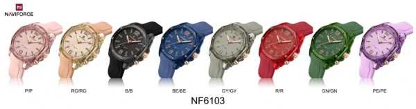 Naviforce NF‑6103 BlushTime women’s analog watch with round dial and soft silicone strap.