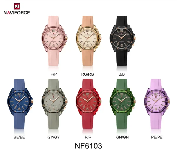 Naviforce NF‑6103 BlushTime women’s analog watch with round dial and soft silicone strap.