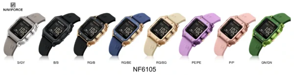 Naviforce NF-6105 SmartAura women’s digital watch with square dial and silicone strap