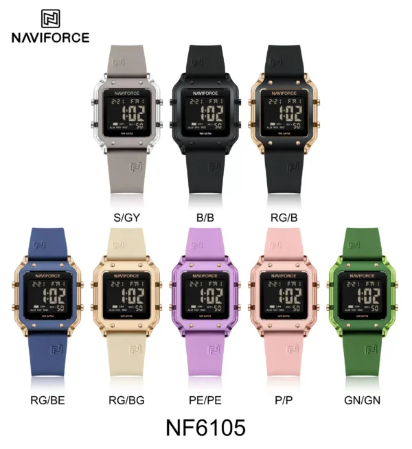 Naviforce NF-6105 SmartAura women’s digital watch with square dial and silicone strap