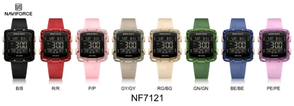 Alt Text: Naviforce NF-7121 Digitron square-dial women’s digital watch with soft silicone strap and bright LCD display.