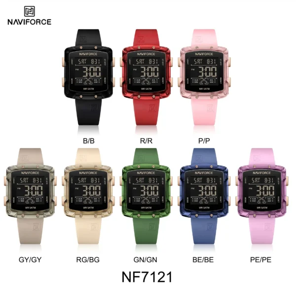 Alt Text: Naviforce NF-7121 Digitron square-dial women’s digital watch with soft silicone strap and bright LCD display.