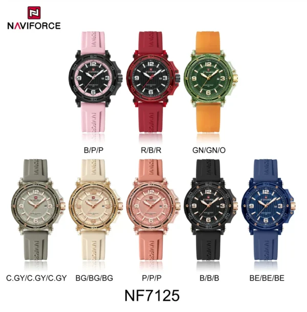 Naviforce NF7125 SoftFlex women’s watch with silicone strap, round dial, and date display.