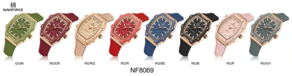 “Naviforce NF8069 Blossom Date wristwatch — round zinc-alloy case, analog dial, slim profile on wrist”