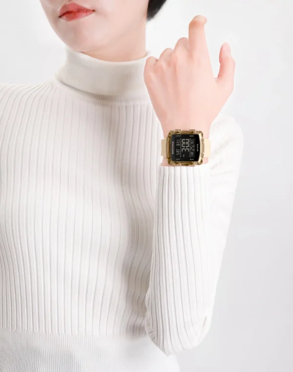 Alt Text: Naviforce NF-7121 Digitron square-dial women’s digital watch with soft silicone strap and bright LCD display.