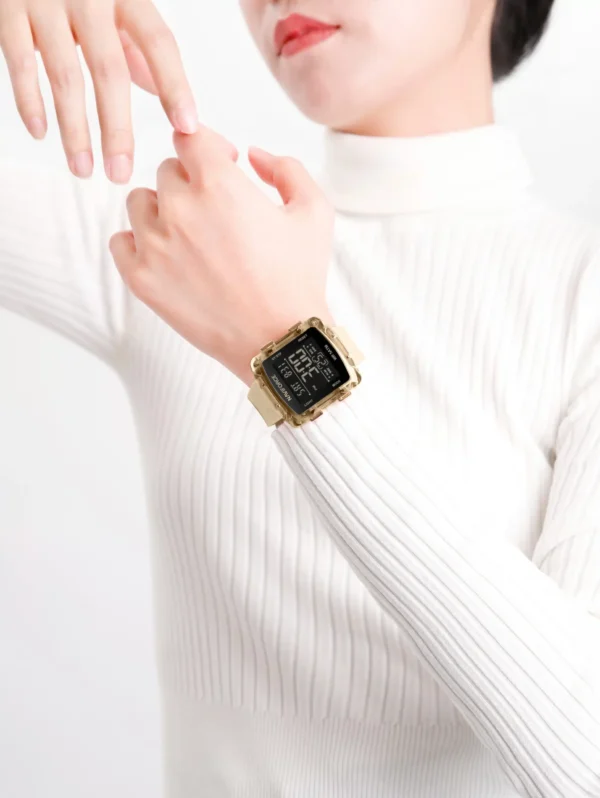 Alt Text: Naviforce NF-7121 Digitron square-dial women’s digital watch with soft silicone strap and bright LCD display.