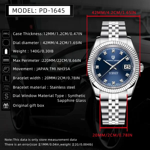 Hafta Bazar by Pagani-PD-1645 Date Just Elegant Auto Series wristwatch with a classic date display, refined dial design, and a polished stainless steel bracelet.