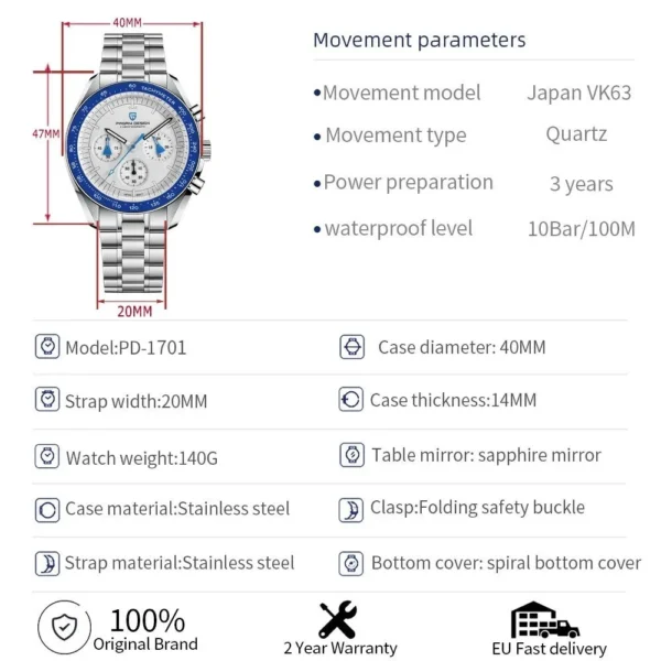 Hafta Bazar by Pagani Design PD-1701 V63 Pro Series wristwatch featuring a sporty dial, bold markers, and a durable stainless steel bracelet.