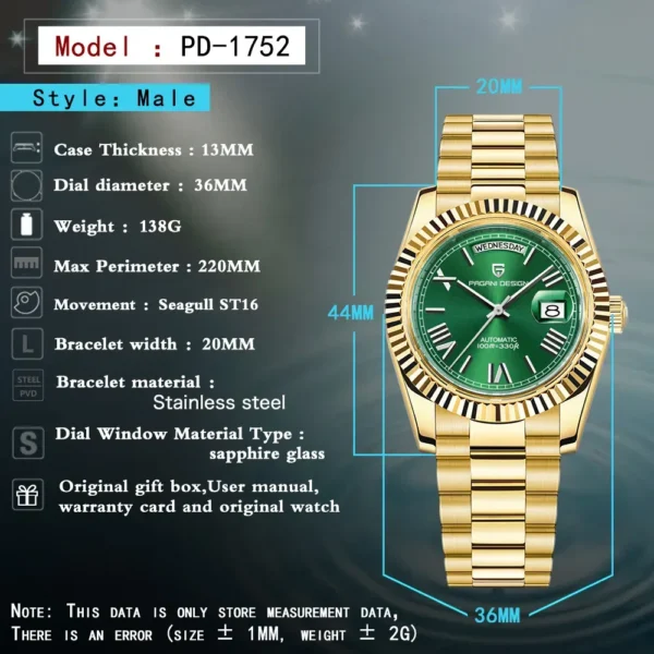 Hafta Bazar by Pagani Design ST16 Day-Date President Luxury Series wristwatch featuring a classic day-date display, fluted bezel, and a premium President-style bracelet.