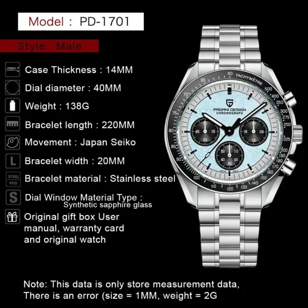 Hafta Bazar by Pagani Design PD-1701 V63 Pro Series wristwatch featuring a sporty dial, bold markers, and a durable stainless steel bracelet.
