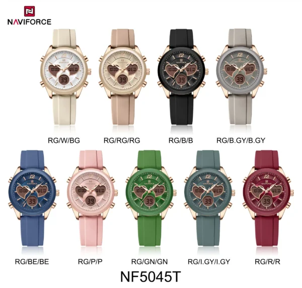 Naviforce NF5045 Elegant Heart women’s wristwatch with zinc alloy case, mineral glass dial, and lightweight silicone strap in a fashionable design.
