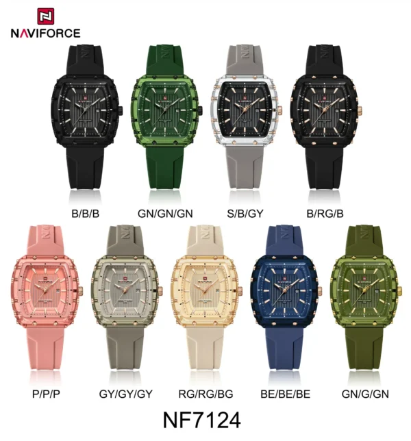 Naviforce NF 7124 Urban Lady Date women’s wristwatch silicone strap, and date display in a modern fashion design.