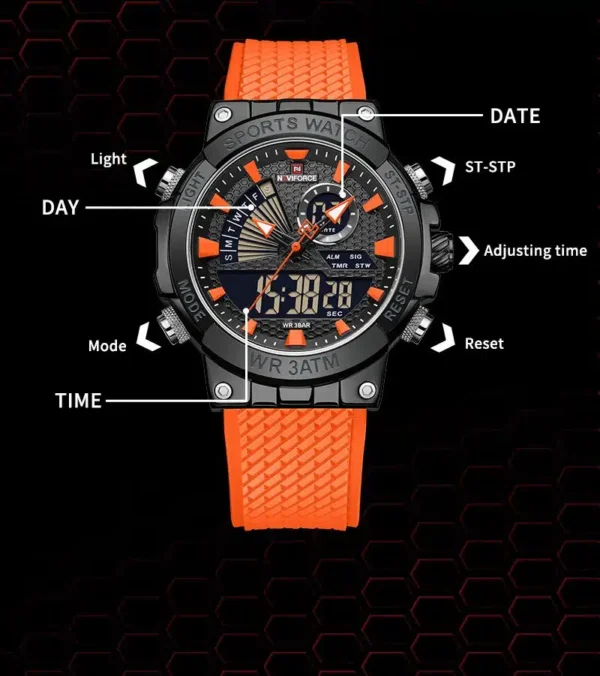 “Naviforce NF-9219 Doppio Edition men’s luxury watch featuring a dual-time display, stainless-steel build, and elegant modern dial design.”