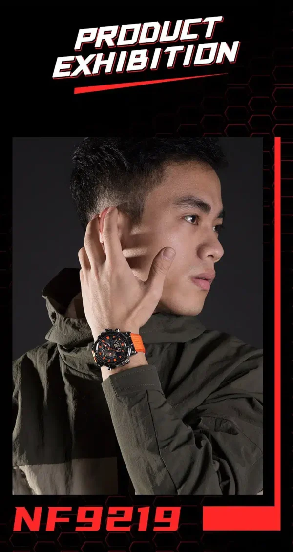 “Naviforce NF-9219 Doppio Edition men’s luxury watch featuring a dual-time display, stainless-steel build, and elegant modern dial design.”