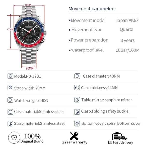 Hafta Bazar by Pagani Design PD-1701 V63 Pro Series wristwatch featuring a sporty dial, bold markers, and a durable stainless steel bracelet.