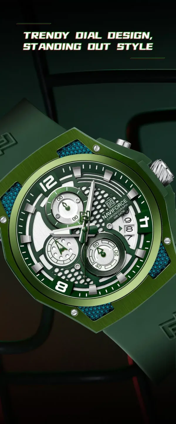 “Naviforce NF-8051T Crusader men’s chronograph watch with a bold 44mm dial, alloy case, textured sporty design, and silicone strap.”