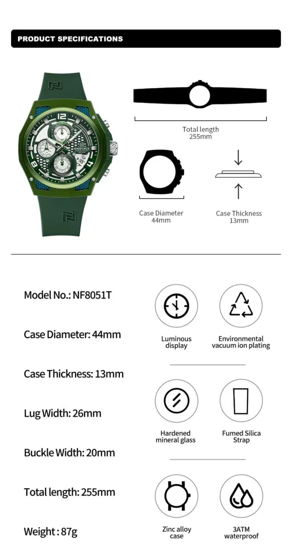 “Naviforce NF-8051T Crusader men’s chronograph watch with a bold 44mm dial, alloy case, textured sporty design, and silicone strap.”