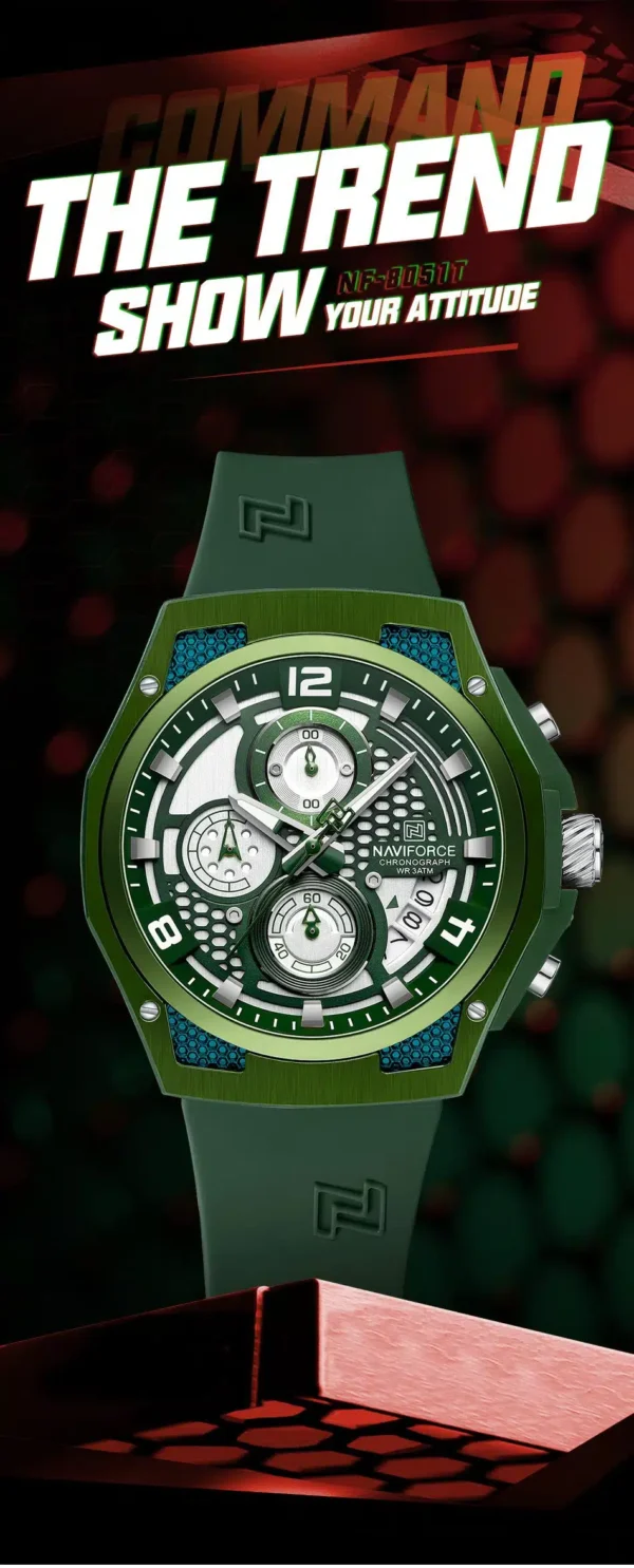 “Naviforce NF-8051T Crusader men’s chronograph watch with a bold 44mm dial, alloy case, textured sporty design, and silicone strap.”