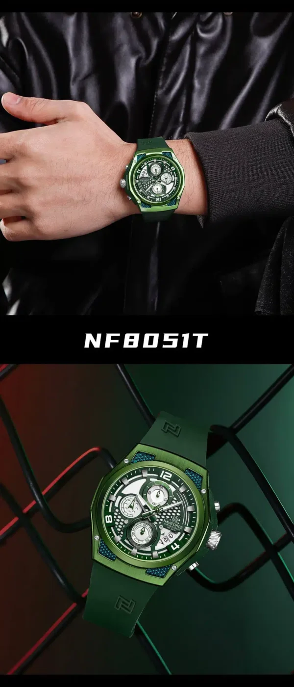 “Naviforce NF-8051T Crusader men’s chronograph watch with a bold 44mm dial, alloy case, textured sporty design, and silicone strap.”