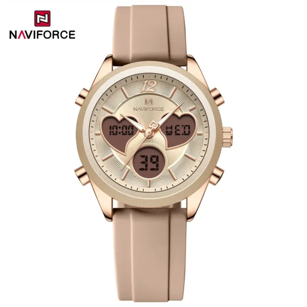 Naviforce NF5045 Elegant Heart women’s wristwatch with zinc alloy case, mineral glass dial, and lightweight silicone strap in a fashionable design.