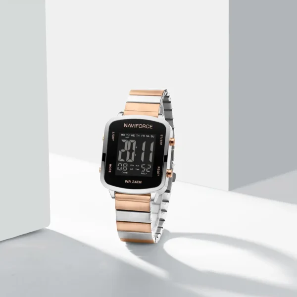 “Naviforce NF-5058 women’s pixel-style elegant wristwatch with a minimalist square dial and stainless-steel strap.”