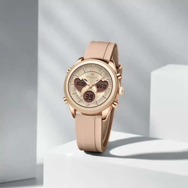 Naviforce NF5045 Elegant Heart women’s wristwatch with zinc alloy case, mineral glass dial, and lightweight silicone strap in a fashionable design.