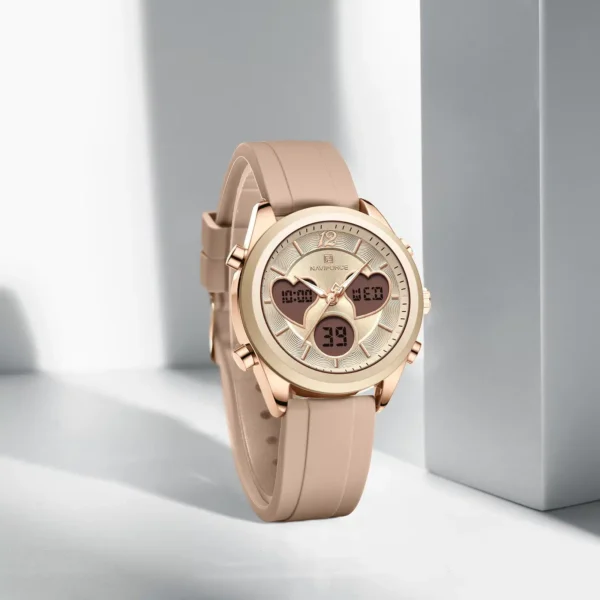 Naviforce NF5045 Elegant Heart women’s wristwatch with zinc alloy case, mineral glass dial, and lightweight silicone strap in a fashionable design.