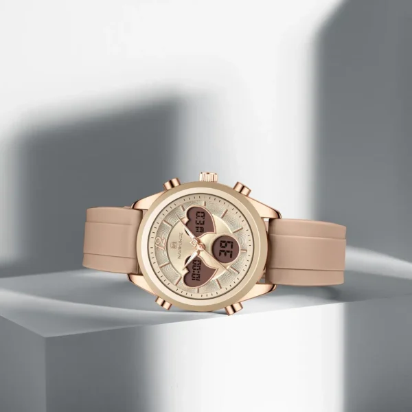 Naviforce NF5045 Elegant Heart women’s wristwatch with zinc alloy case, mineral glass dial, and lightweight silicone strap in a fashionable design.