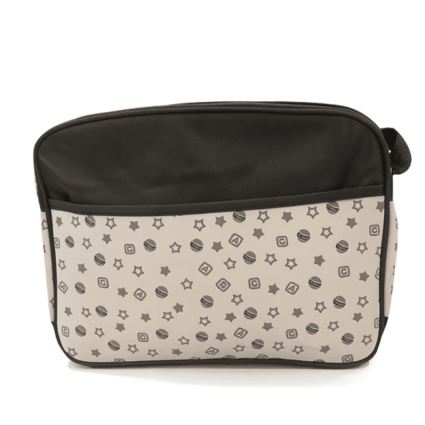 Hafta bazaar by “Beige & brown embroidered baby stroller diaper bag with multiple compartments and feeder pouch for organized baby care.”