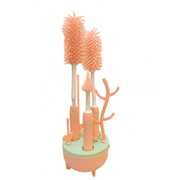 Hafta Bazaar by 6-in-1 silicone baby bottle cleaning brush set with stand, including bottle brush, nipple brush, straw cleaner, and accessory tools.