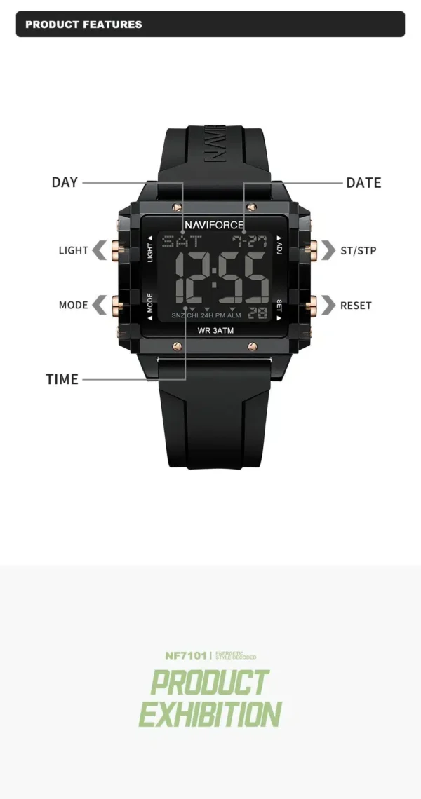Naviforce NF-7101 digital sports watch with square LCD display and silicone strap.