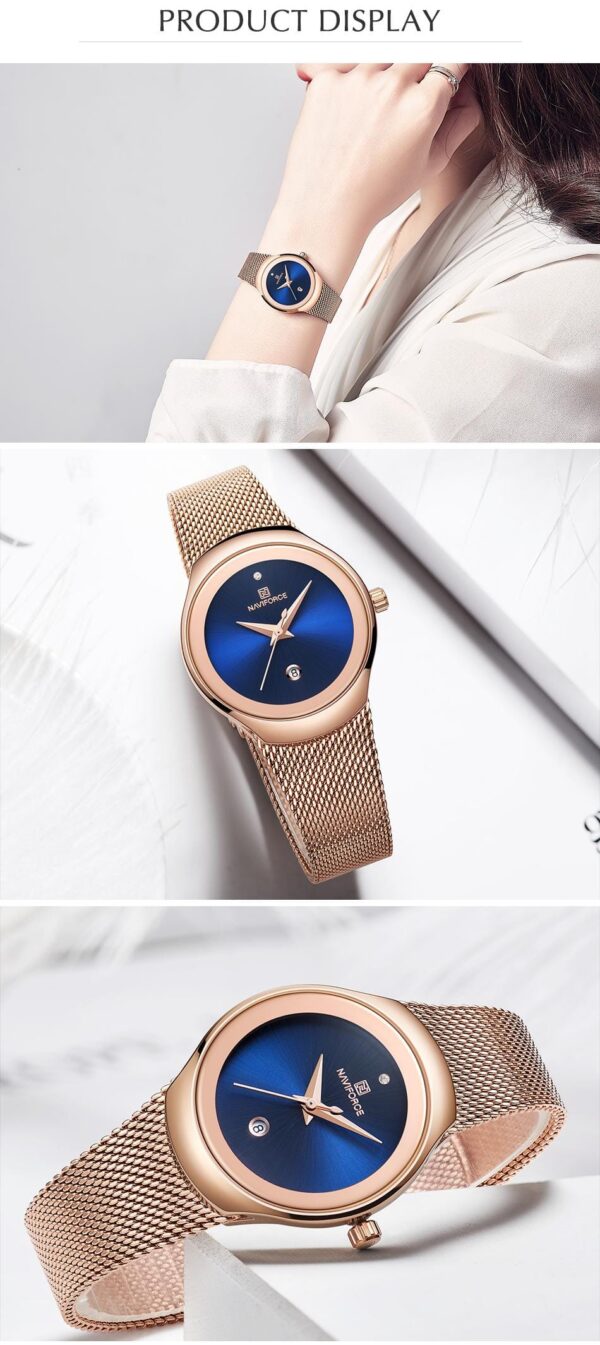 Hafta Bazaar by Naviforce Elegant Steel Mesh Women’s Edition watch featuring a sleek minimalist dial, slim stainless-steel mesh strap, and refined feminine design.