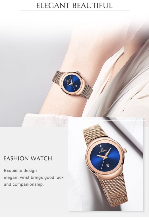 Hafta Bazaar by Naviforce Elegant Steel Mesh Women’s Edition watch featuring a sleek minimalist dial, slim stainless-steel mesh strap, and refined feminine design.