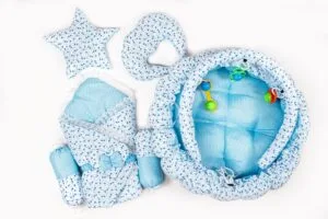 Hafta Bazaar by 11-piece newborn baby bedding set with carry nest, quilt, mattress, pillows, bolsters, and soft accessories.