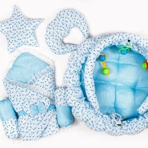 Hafta Bazaar by 11-piece newborn baby bedding set with carry nest, quilt, mattress, pillows, bolsters, and soft accessories.