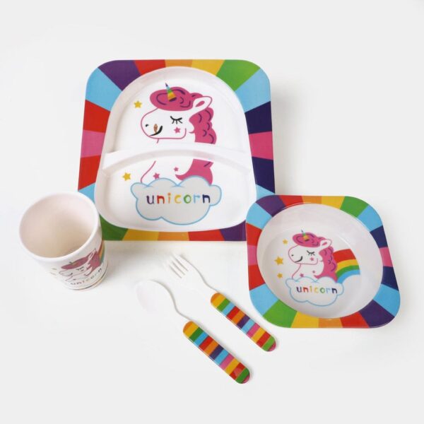 Hafta Bazaar by “5 pieces kids dinner set including plate, bowl, cup, spoon and fork made from safe BPA-free material.”