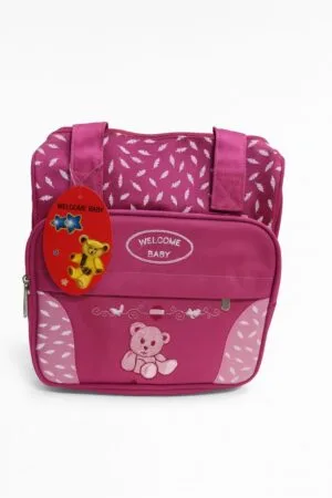 Hafta Bazaar by “Welcome Baby pink small diaper bag with cute teddy embroidery, ideal for carrying baby essentials.”