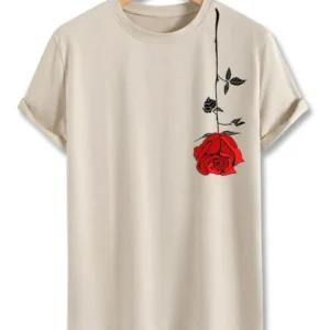 Red Rose Minimal Graphic Beige T-Shirt
