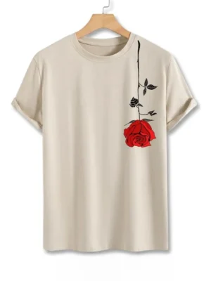 Red Rose Minimal Graphic Beige T-Shirt