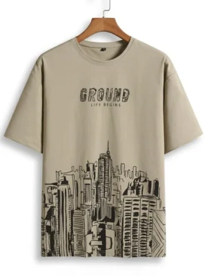 Urban Ground Cityscape Graphic Beige T-Shirt